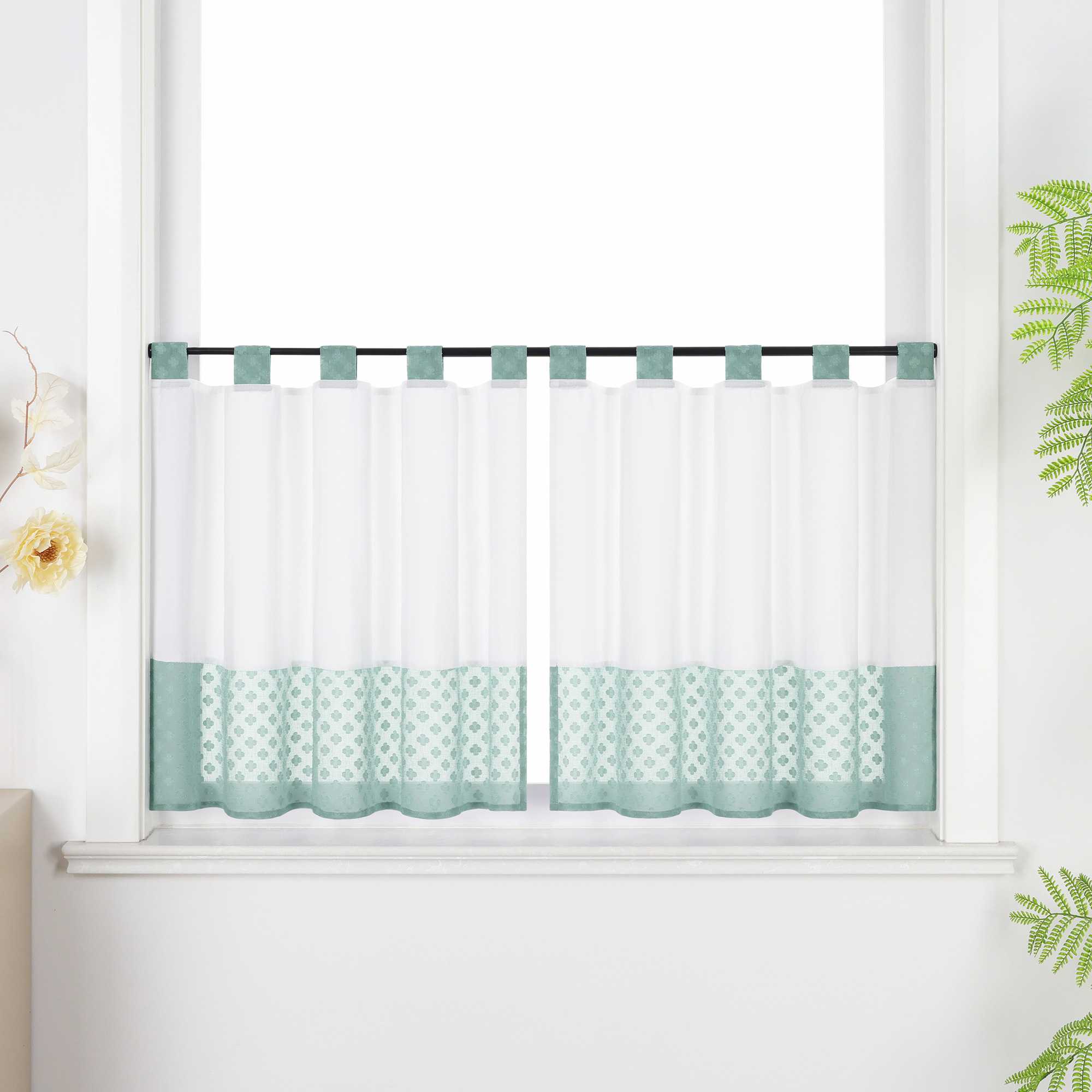 Scheibengardine im Patchwork-Stil mit Kleeblatt-Muster, 2 Stücke, mit Schlaufen-Design