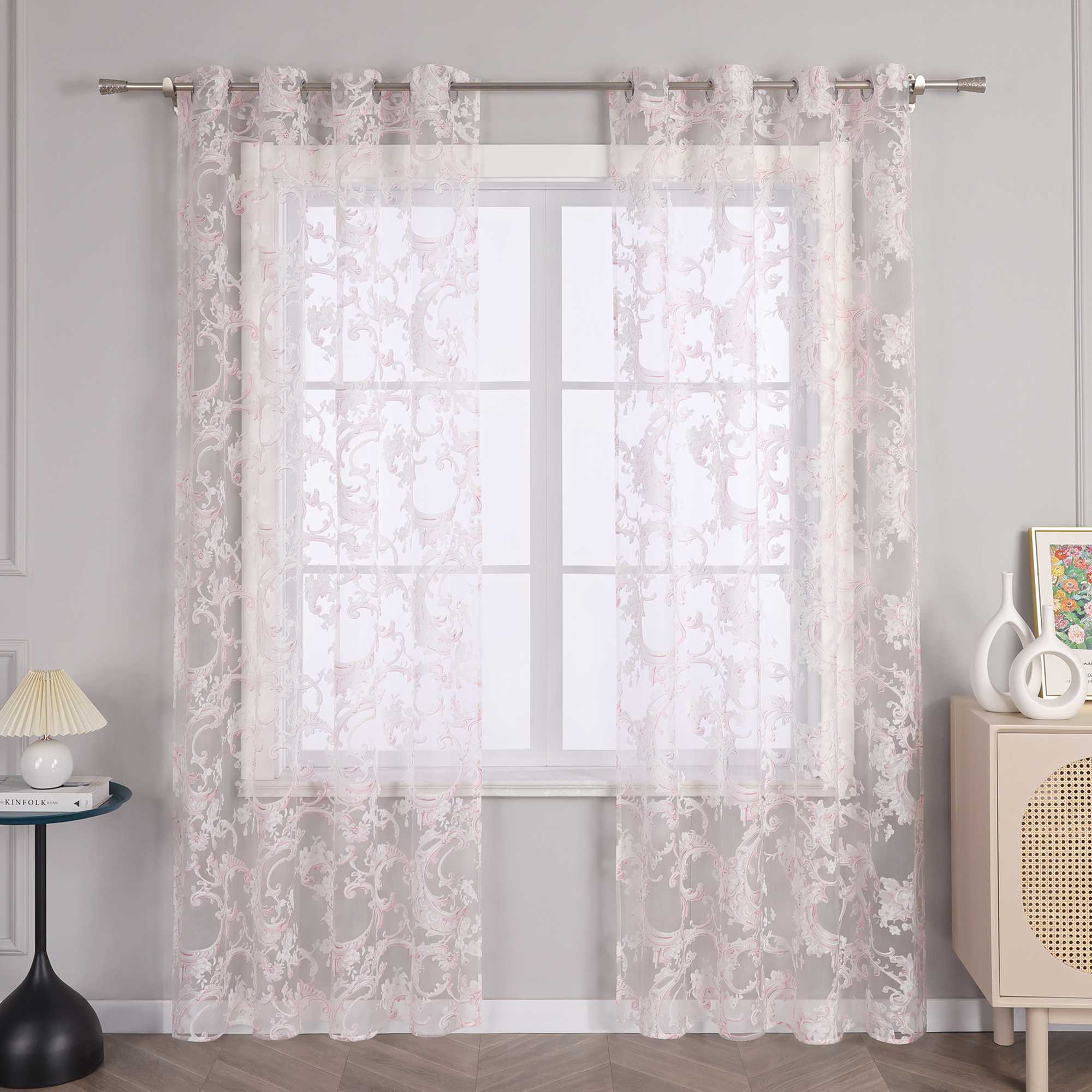 Eleganter Ösenschal mit Phönixblütenmuster | Transparente Voile Gardine für Schlafzimmer und Wohnzimmer - Joyswahl