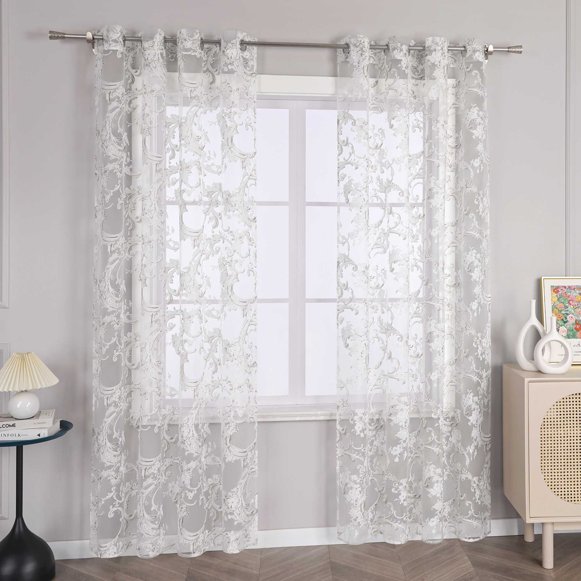 Eleganter Ösenschal mit Phönixblütenmuster | Transparente Voile Gardine für Schlafzimmer und Wohnzimmer - Joyswahl