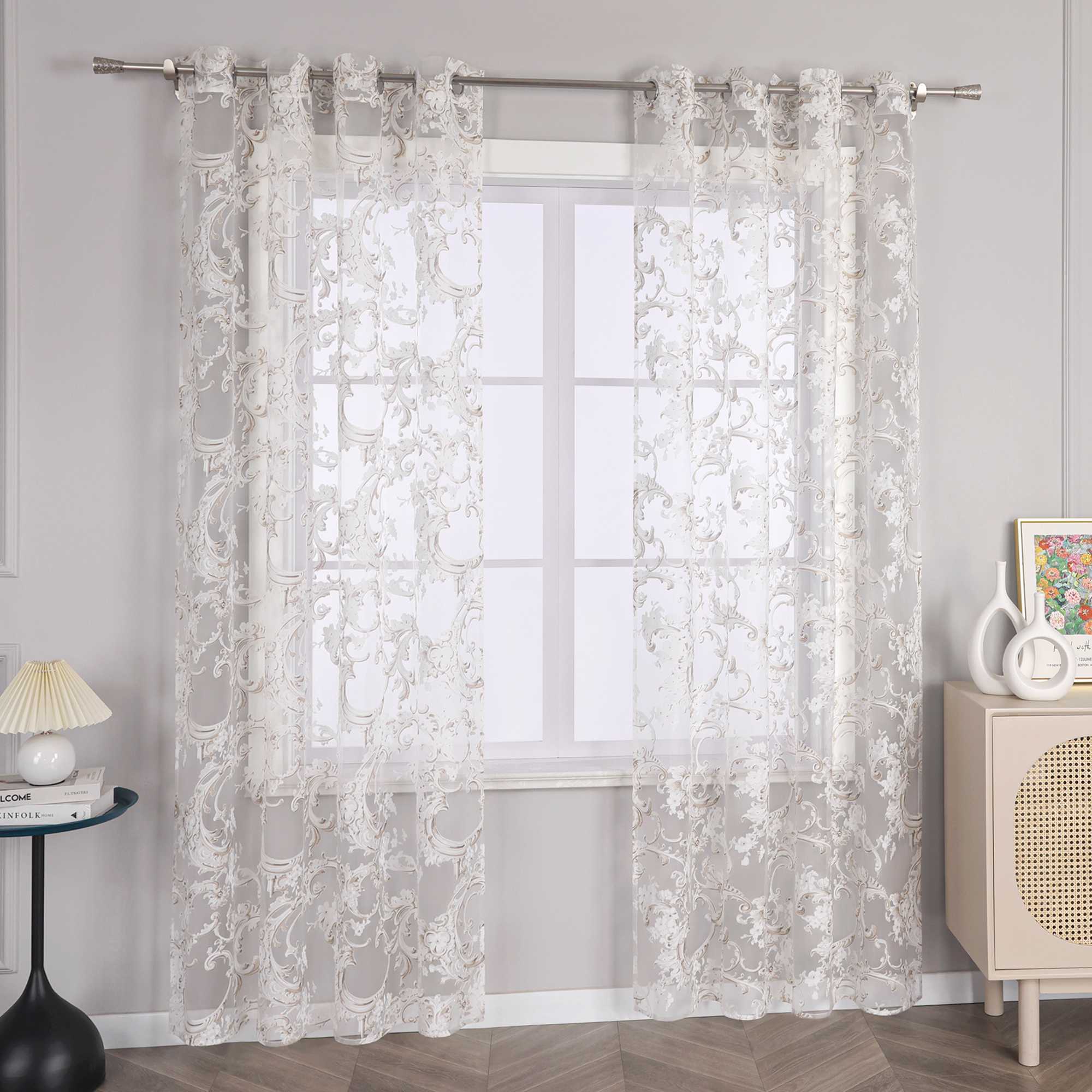 Eleganter Ösenschal mit Phönixblütenmuster | Transparente Voile Gardine für Schlafzimmer und Wohnzimmer - Joyswahl