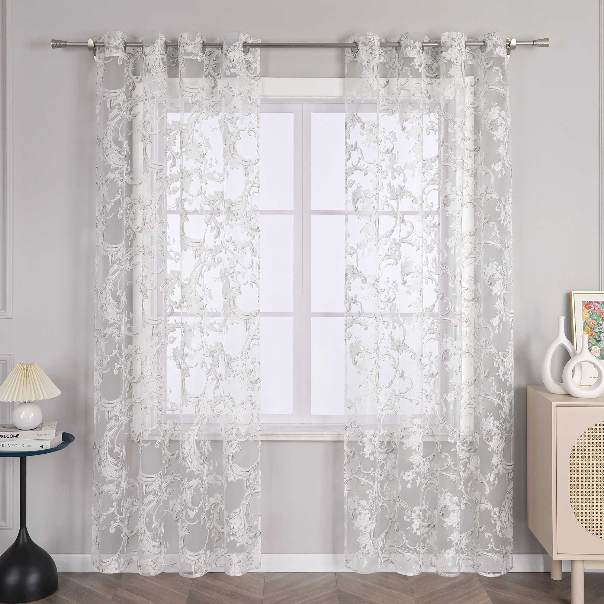 Eleganter Ösenschal mit Phönixblütenmuster | Transparente Voile Gardine für Schlafzimmer und Wohnzimmer - Joyswahl