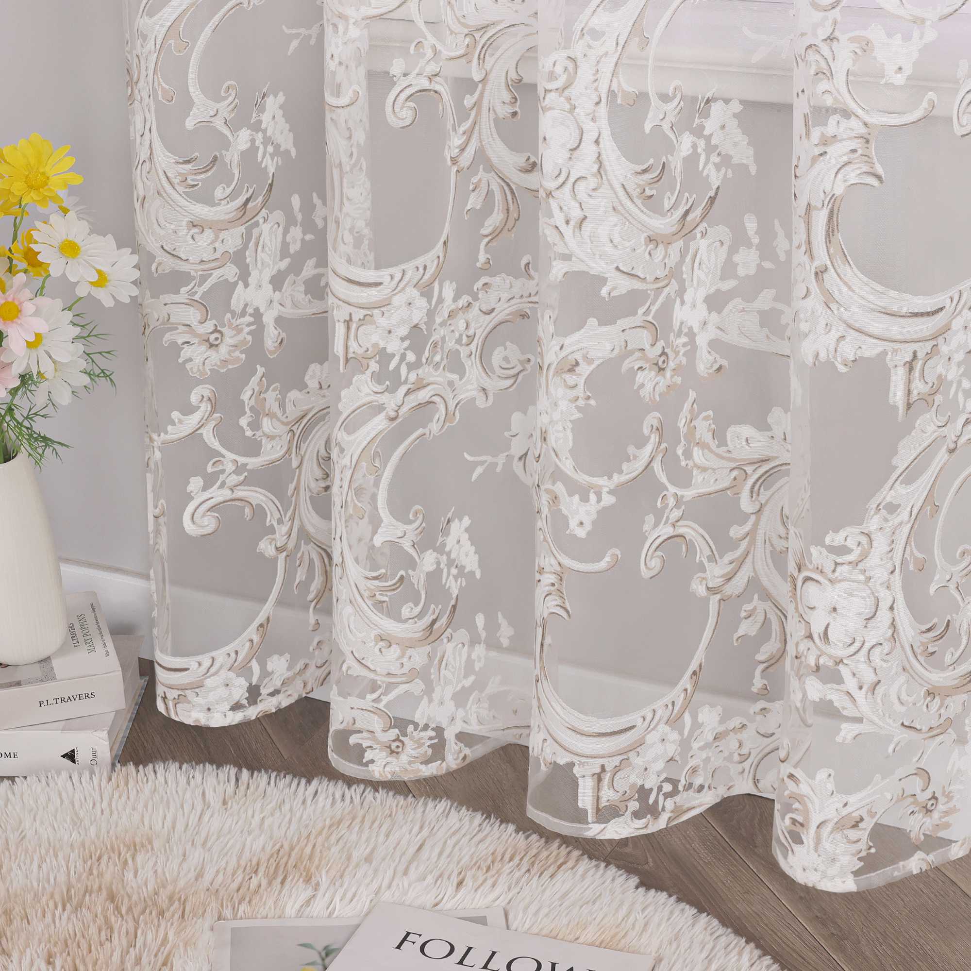 Eleganter Ösenschal mit Phönixblütenmuster | Transparente Voile Gardine für Schlafzimmer und Wohnzimmer - Joyswahl