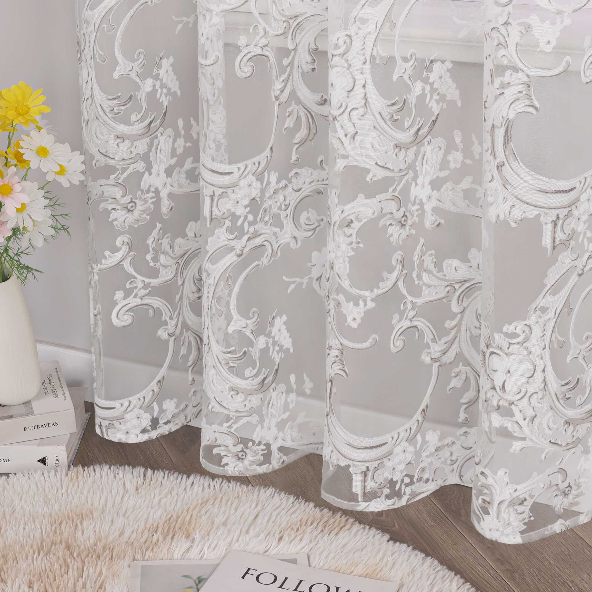 Eleganter Ösenschal mit Phönixblütenmuster | Transparente Voile Gardine für Schlafzimmer und Wohnzimmer - Joyswahl