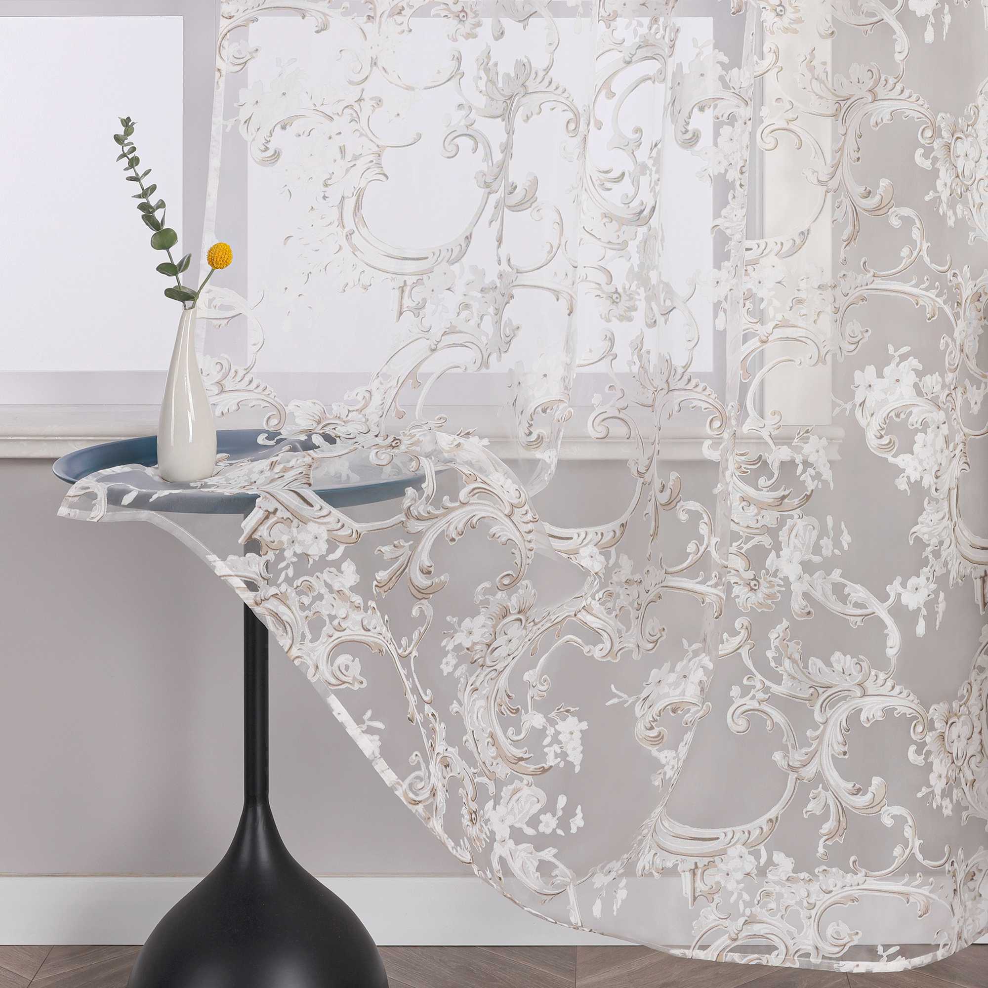 Eleganter Ösenschal mit Phönixblütenmuster | Transparente Voile Gardine für Schlafzimmer und Wohnzimmer - Joyswahl