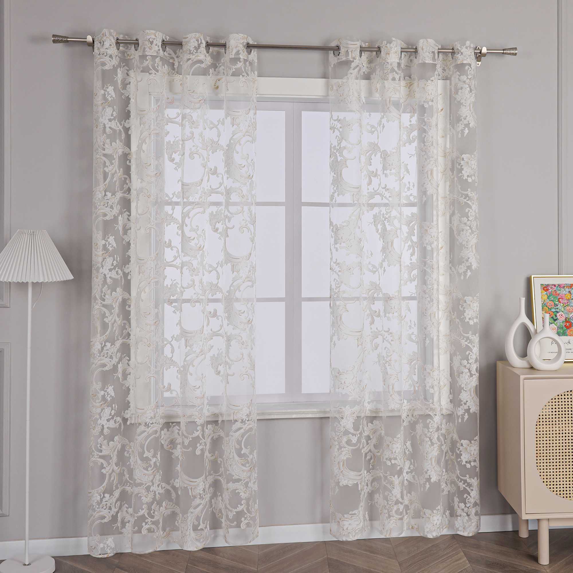 Eleganter Ösenschal mit Phönixblütenmuster | Transparente Voile Gardine für Schlafzimmer und Wohnzimmer - Joyswahl