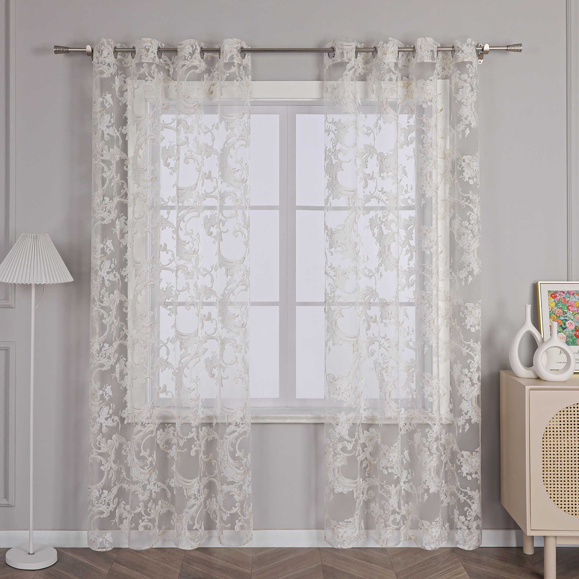 Eleganter Ösenschal mit Phönixblütenmuster | Transparente Voile Gardine für Schlafzimmer und Wohnzimmer - Joyswahl