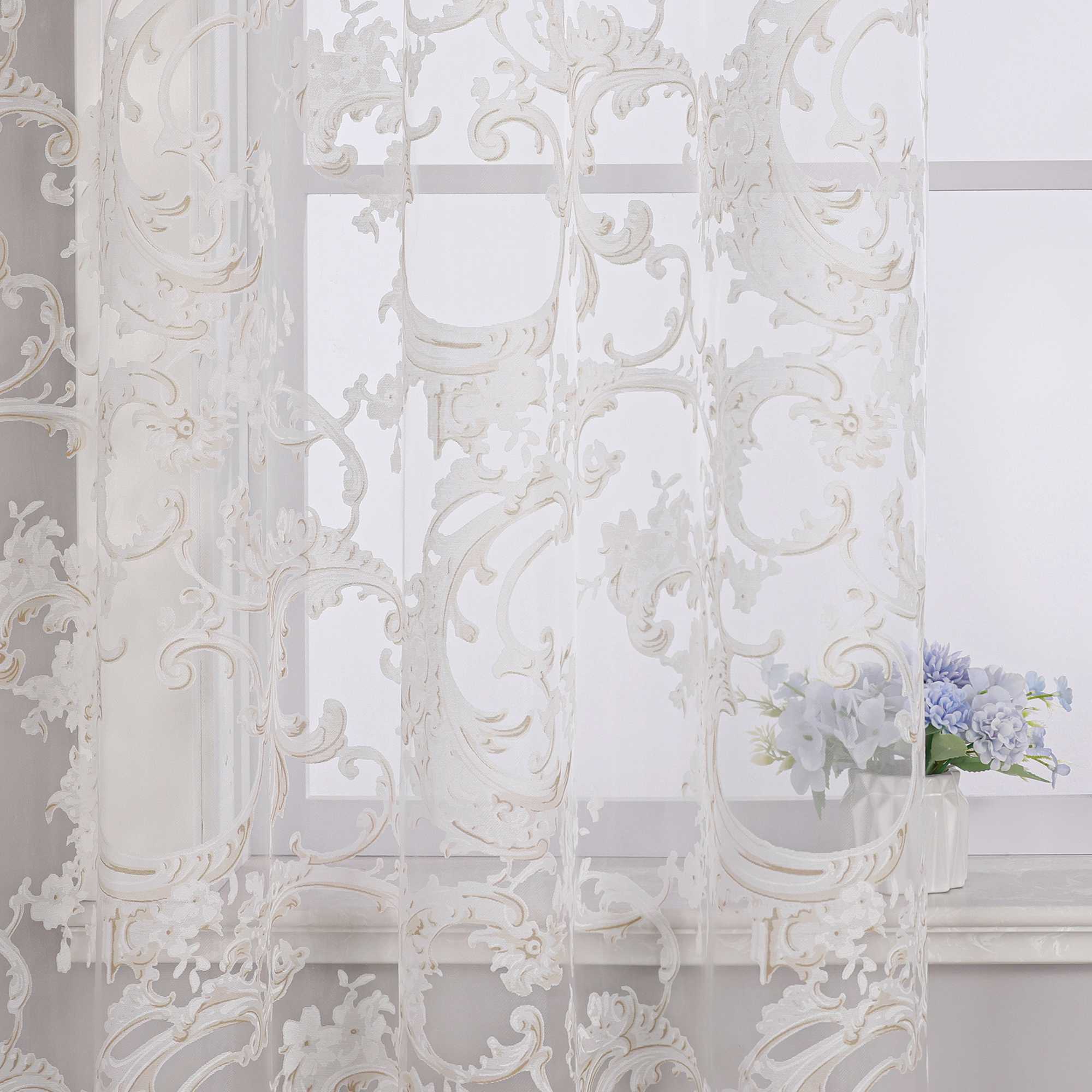 Eleganter Ösenschal mit Phönixblütenmuster | Transparente Voile Gardine für Schlafzimmer und Wohnzimmer - Joyswahl