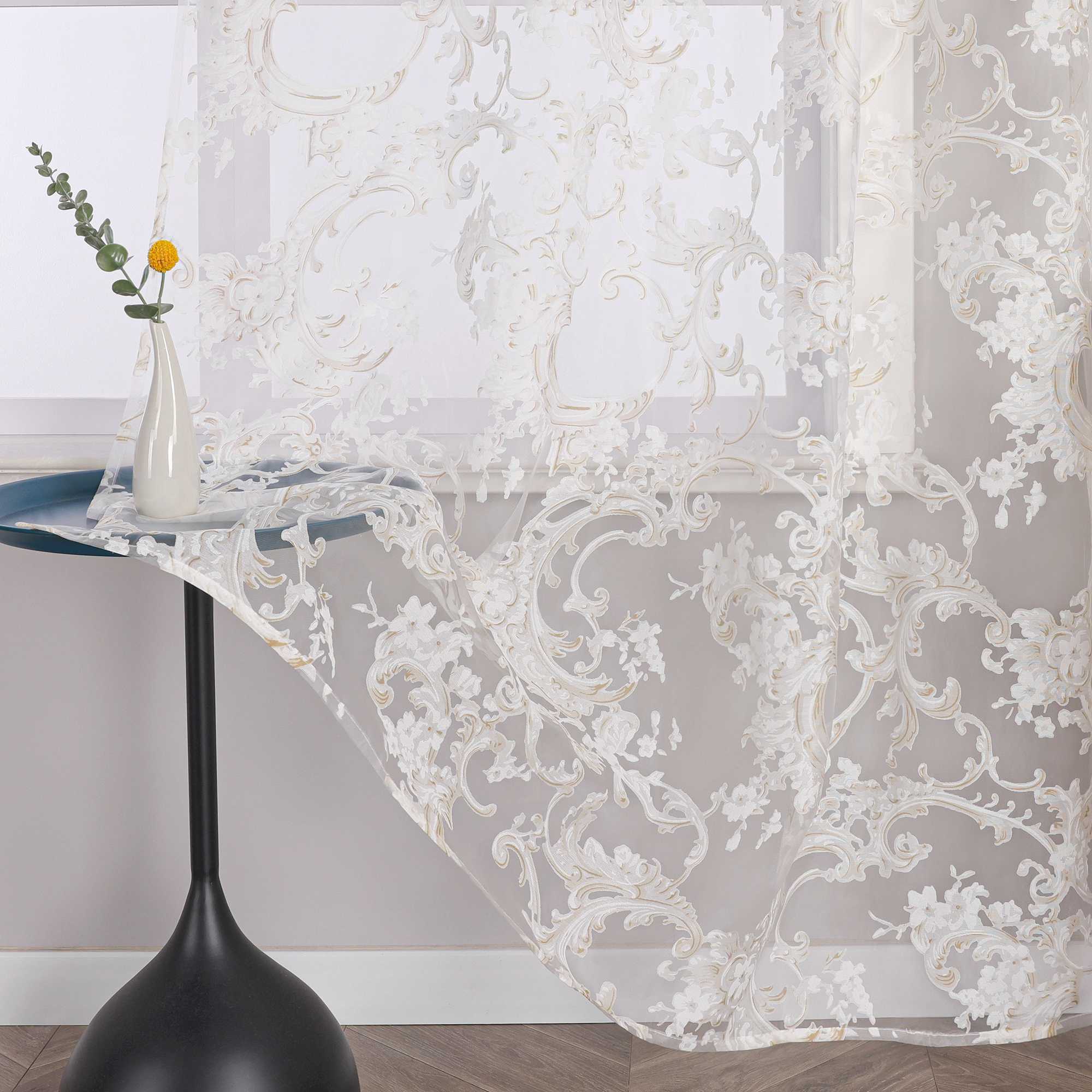 Eleganter Ösenschal mit Phönixblütenmuster | Transparente Voile Gardine für Schlafzimmer und Wohnzimmer - Joyswahl