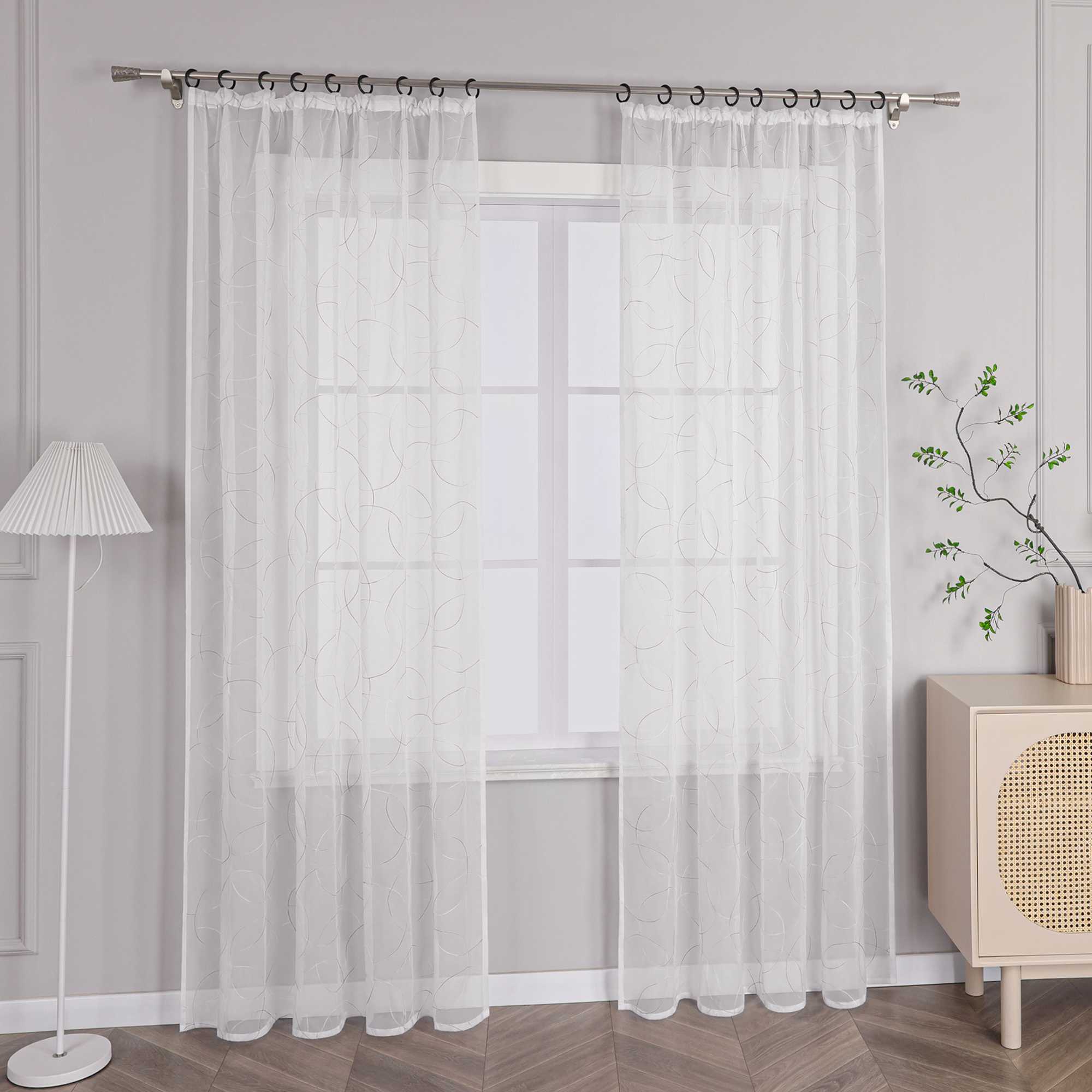 Vorhang mit Kräuselband Voile Gardine mit Kreismuster Bestickt Fensterschal Transparent 1 Stück - Joyswahl